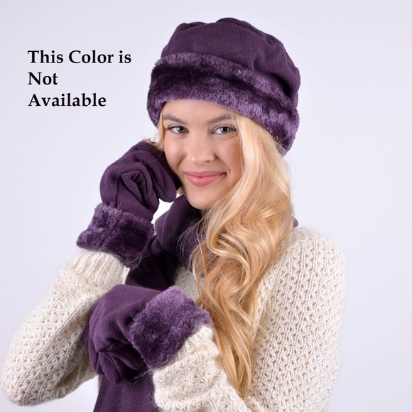 Womens BEIGE Winter FLEECE & FAUX FUR Hat Scarf Gloves - Picture 2 of 3